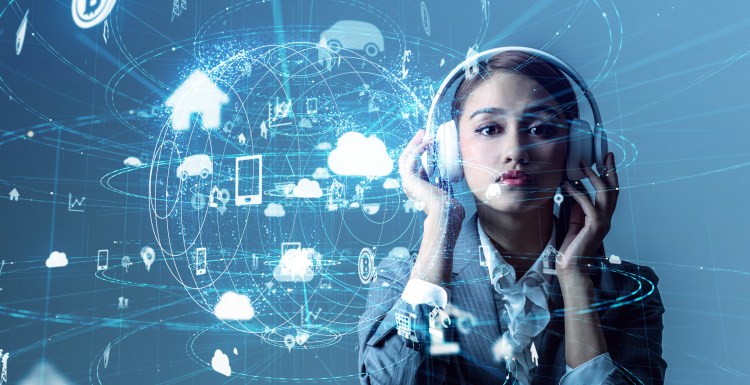 Person wearing headphones digital or podcast advertising concept