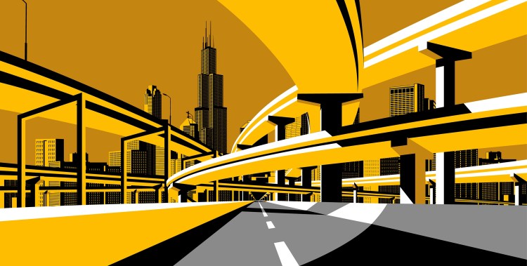 Highway overpass road and city skyline