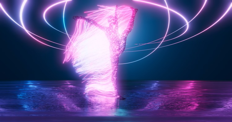 3d rendering. The figure of a gymnast from points of outgoing rays on the stage in a bright neon glow.