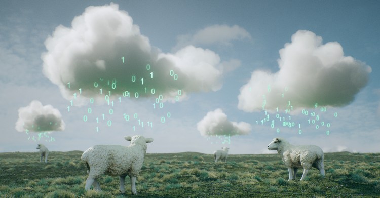 3D generated concept image of climate and deFi finance. Sheep under clouds with numbers.