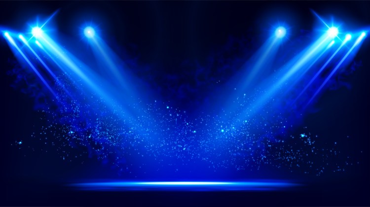 Illuminated stage with scenic lights and smoke. Blue vector spotlight with smoke volume light effect on black background.