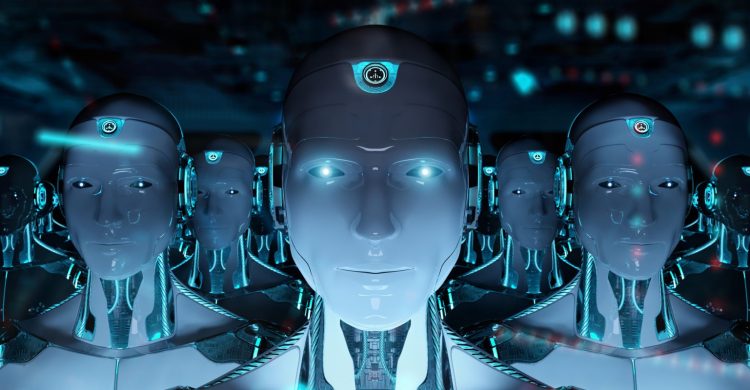 Group of male robots following leader cyborg army concept 3d rendering
