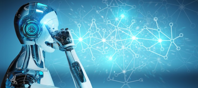 Cyborg on blurred background using digital network connection 3D rendering