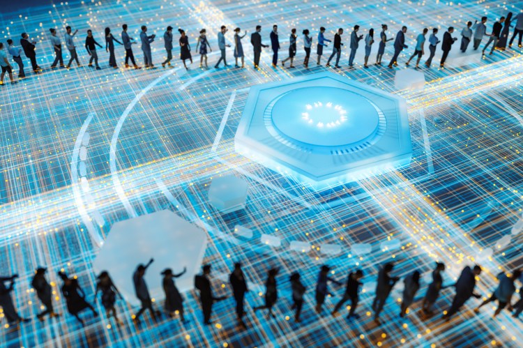 People walking past futuristic computer cpu