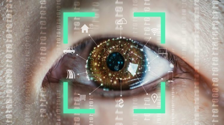 Image of eye scanned by AI technology for data privacy purposes.