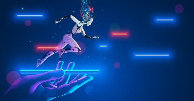 AI Robot cyborg running on screen smartphone in hand.