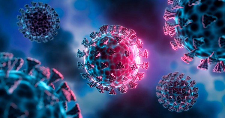 Corona Virus Mutation - medical 3D illustration with dark blue cell background