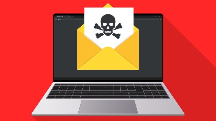 Laptop and envelope with document and skull icon. Virus, malware, email fraud, e-mail spam, phishing scam, hacker attack