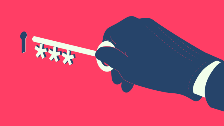 Image of a key whose spokes are made of asterisks. A hacker uses a password to commit online fraud.