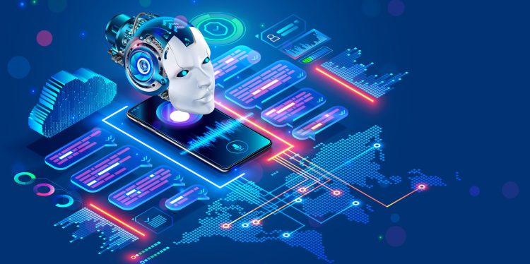 Chat bot with AI helping of users speakers of different languages. Online multilanguage support. App of Voice assistant on Phone. Robot on screen smartphone talk in messenger.