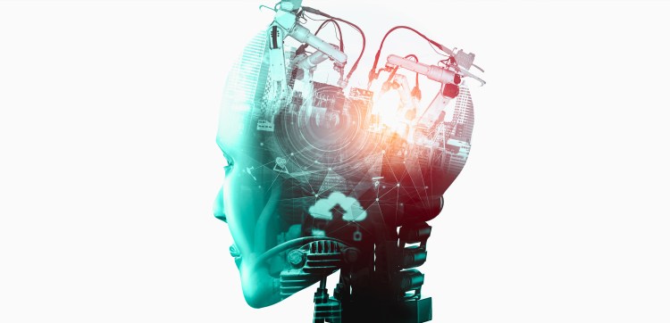 Mechanized industry robot and robotic arms double exposure AIOps framework concept image