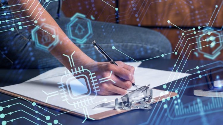 A client is signing a contract to create a new software to present it in start up conference and gain investments to create a product. Technological graph over the desk. Women in business concept.