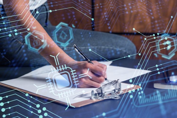 A client is signing a contract to create a new software to present it in start up conference and gain investments to create a product. Technological graph over the desk. 