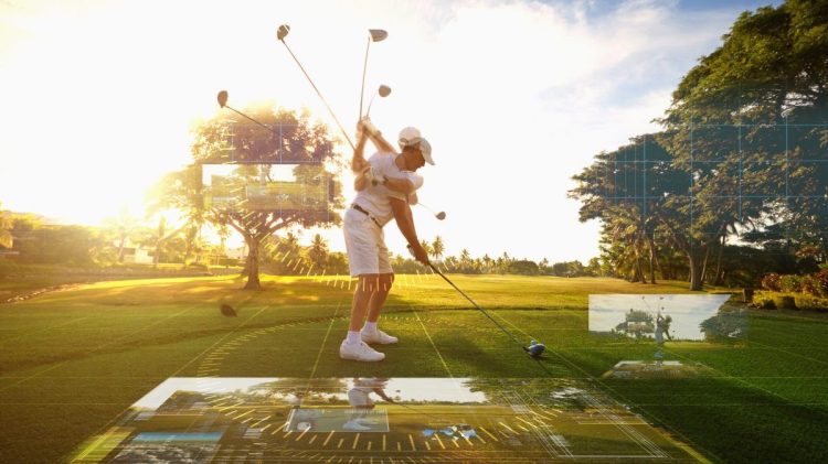 Golfer swinging to hit a ball with multiple data points and overlays in the foreground