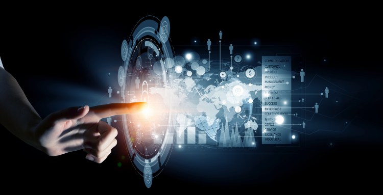 Close up of businessman touching virtual panel with finger