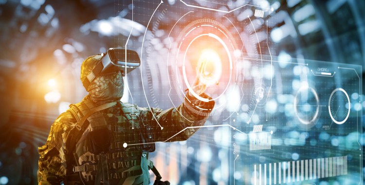 Soldier in glasses of virtual reality. Cybersecurity and Ukraine concept.