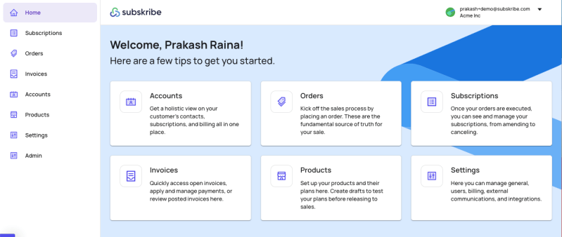 Subskribe dashboard