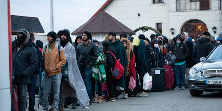 Ukrainian refugees at the Siret border crossing, on the border between Ukraine and northern Romania.