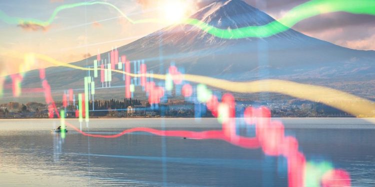 Investment and banking theme with Fuji mountain and Kawaguchiko lake in morning, Autumn seasons Fuji mountain at yamanachi in Japan.