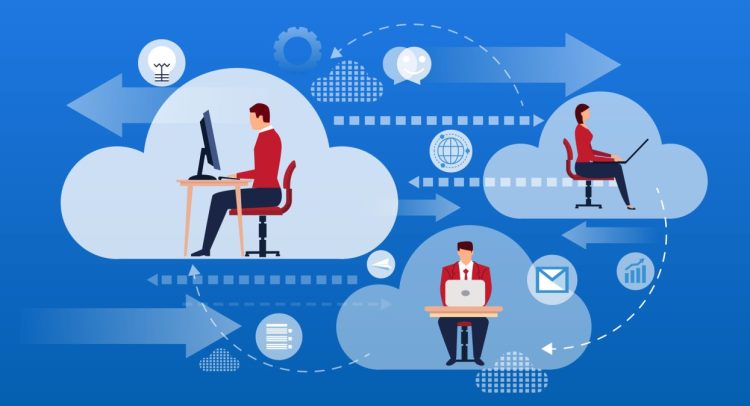 Image of various remote and hybrid workers working on cloud automation technology.