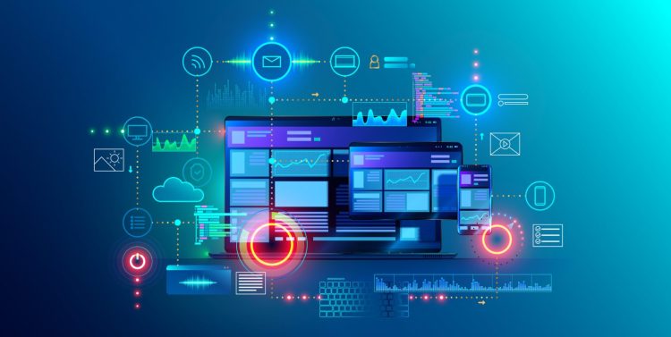 Cross platform website, app design development on laptop, phone, tablet. Technology of create software, code of mobile applications. Programming responsive layout of graphic interface, ui, ux concept.