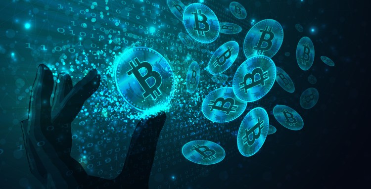 Bitcoins in a futuristic room made from binary code and a hand holding one of them. Crypto concept