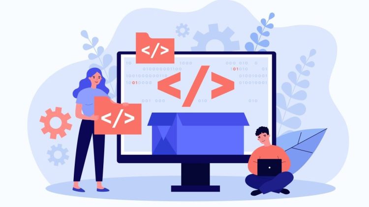 Tiny programmers programming website for internet platform flat vector illustration. Cartoon developers creating open code or script. Software development and digital technology concept