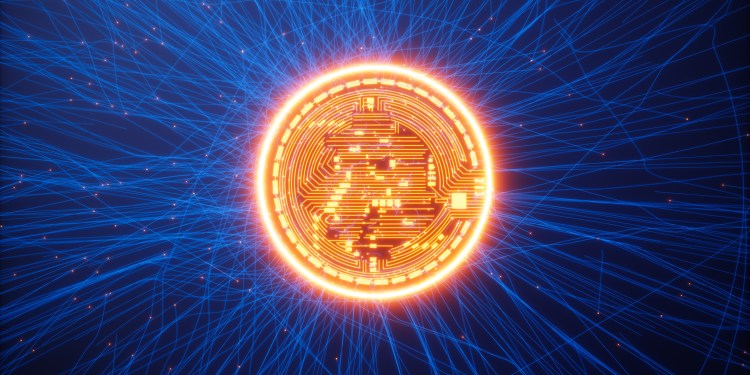 DeFi Crypto concept: Glowing Bitcoin On Blue Background With Plexus And Red Connection Dots