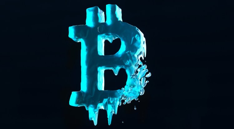 Digital generated image of bitcoin sign made out of ice melting on black background.