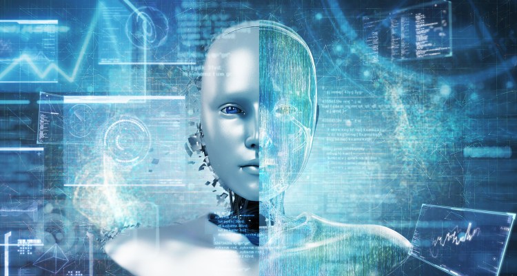 Artificial Intelligence robot and a futuristic data panel workflow automation concept.
