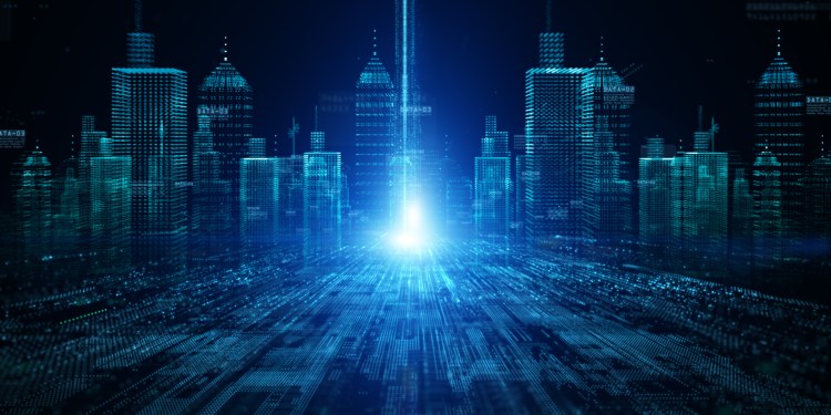 The smart city of Futuristic technology internet and big data 5g connection. Technology digital data network connection abstract background
