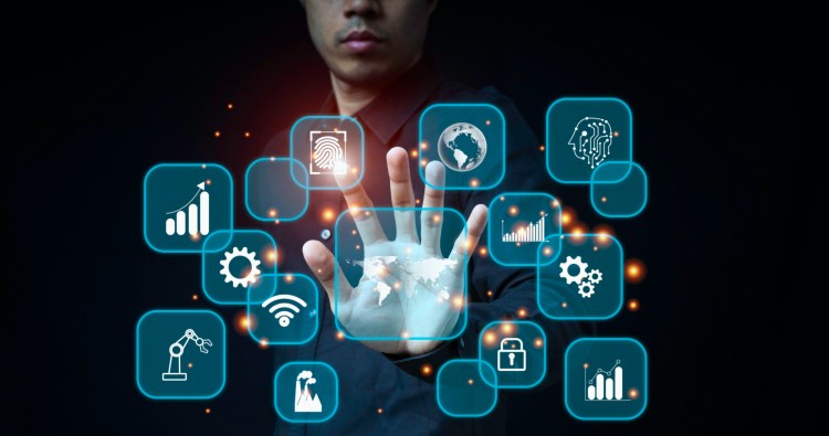 IoT data concept image with person and digital icons.