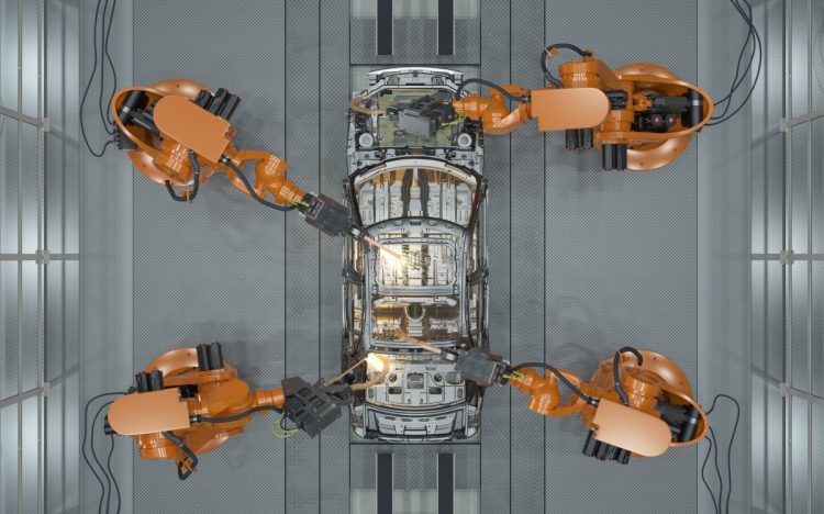 Digital generated welding robots with car body on production line