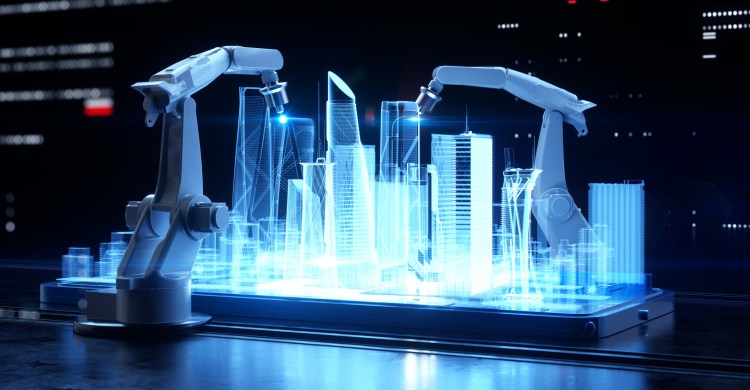 Digital generated image of collaboration of two robotic arms working together and making glowing city hologram on black background.