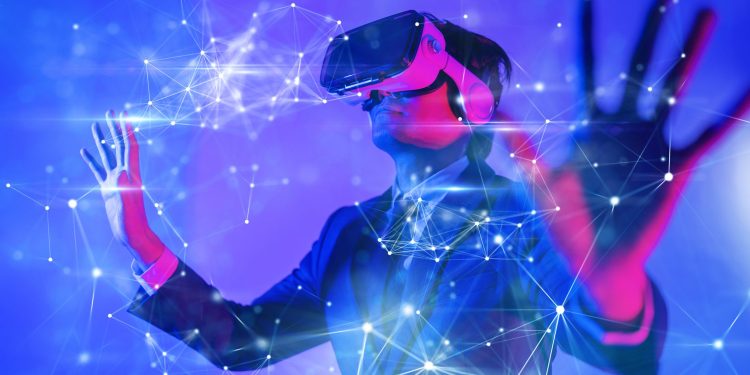 Metaverse digital cyber world technology, person with VR goggles in metaverse marketer concept