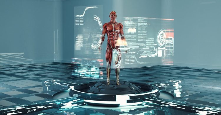 Person with futuristic data screens in a sci fi room: hyperpersonalization and artificial intelligence concept.