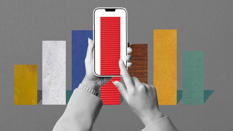 Image of person scrolling on mobile phone with bar graphs in the background. Mobile data and ecommerce concept.