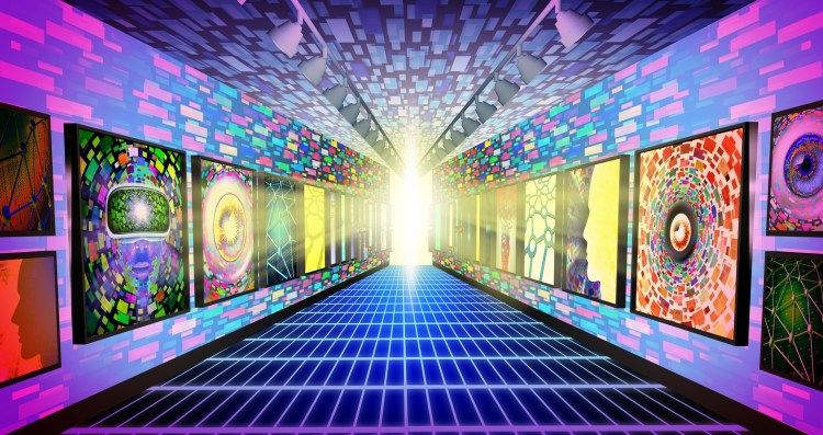 Crypto and Metaverse internet NFT projects display as a futuristic streaming media symbol as augmented reality and computer media concept