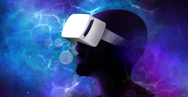 Language, AI and the metaverse concept: Person wearing a VR headset immersed in the metaverse