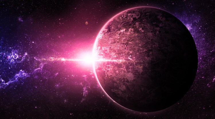 An alien world hangs in front of a backdrop of stars and nebular gases.