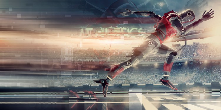 A manipulated abstract image of a futuristic robot athlete sprinter, bursting out of the starting blocks during a race. The cyborg is competing during an athletics event in a generic outdoor stadium full of spectators under a dramatic evening sky. This image is heavily blurred and distorted to give feeling of speed.