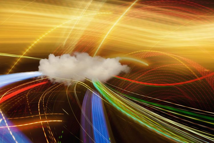 Illustration of colored lines ending at a cloud shape, representing data streaming to cloud