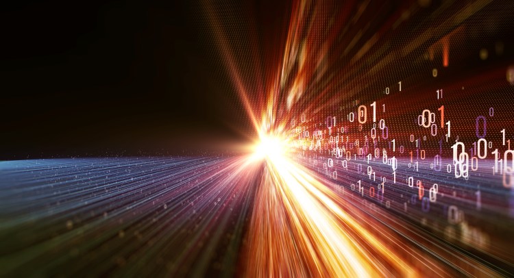 Data responsiveness concept. Color bytes of binary code flying through a vortex