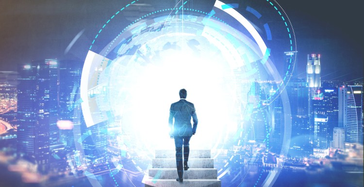 Rear view of a business person entering a portal. HUD immersive interface. A night city. Concept of metaverse Web3 advertising..