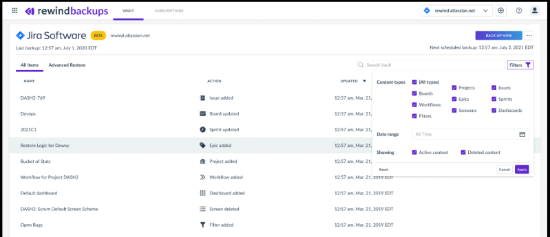 Rewind: Choosing what to back up in Jira