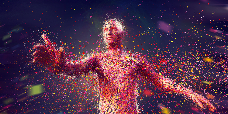 Multi-Coloured Squares in Mid Air Gathering To Form Person