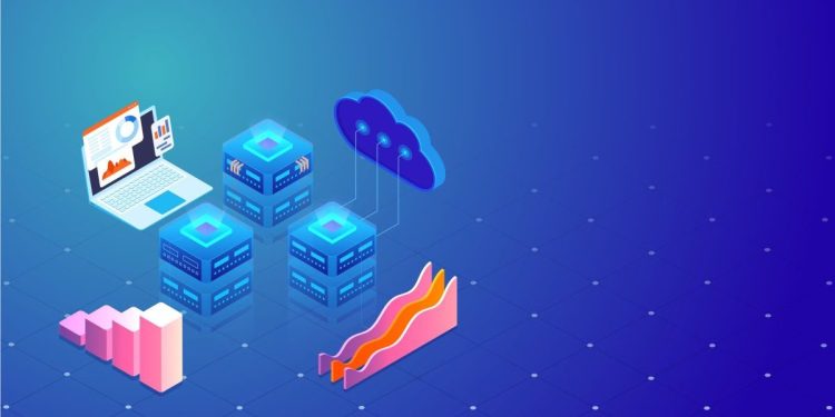 3D illustration of cloud server connect to local servers with laptop and infographics elements on blue background for data management concept.