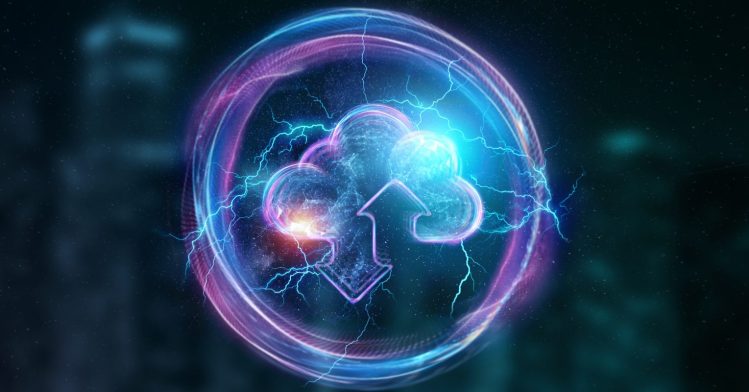 Creative background, hologram image of clouds on the background of energy waves, purple background. The concept of cloud technology, cloud storage, a new generation of networks.
