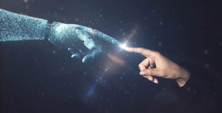 Human hand touching with artificial intelligence robot.