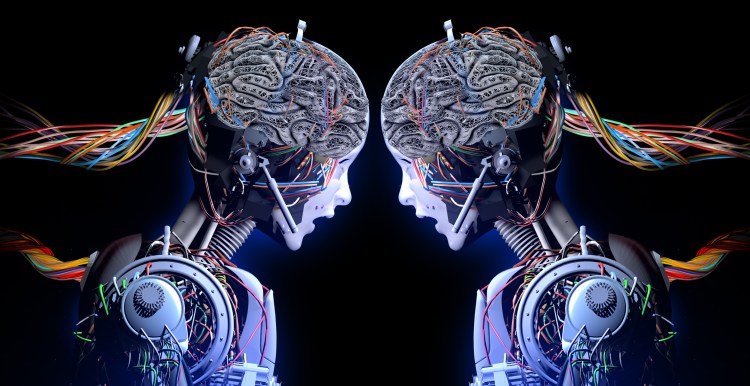 Virtual people, digital twin concept. Harmonization of Artificial Intelligence with Human Brain. Human headed cyborgs compare their processor power.